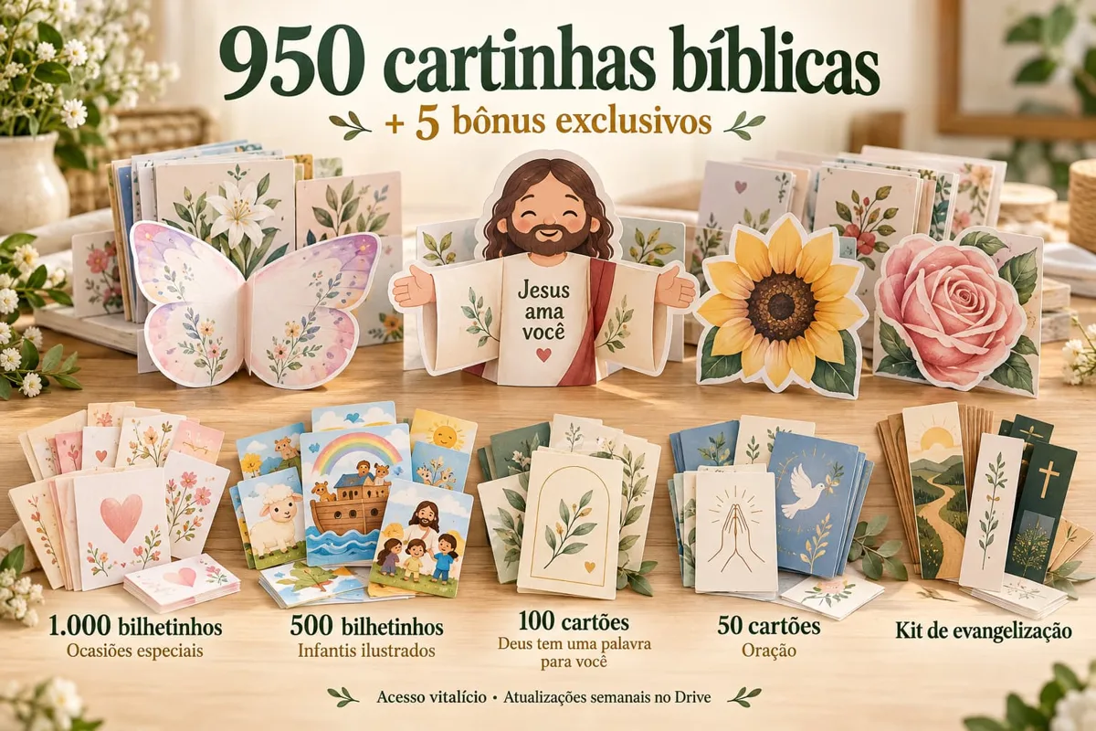 Mesa com as 950 cartinhas bíblicas e os 5 bônus: bilhetinhos de ocasiões especiais, infantis, cartões Deus tem uma palavra para você, cartões de oração e coleção de evangelização