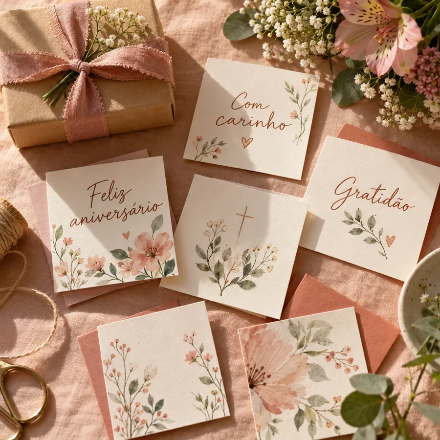 Cartões delicados de aniversário, gratidão e carinho com flores em aquarela