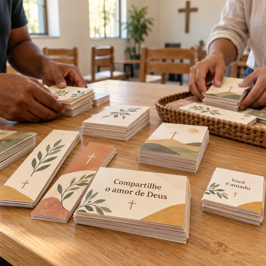 Mesa de igreja com pilhas de cartões e marcadores sendo organizados